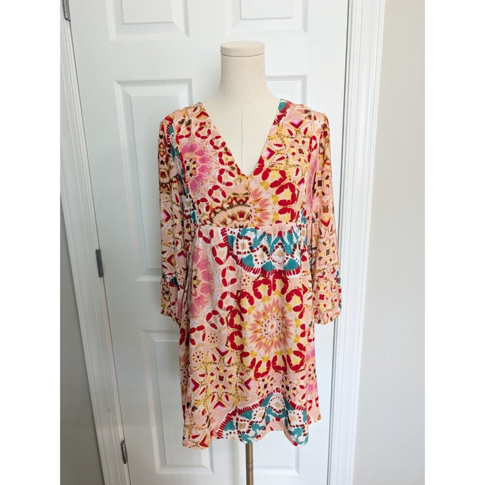 ba&sh Lorenza Short Printed Dress Sz 0 Tie Dye Colorful Viscose V Neck - Picture 2 of 11